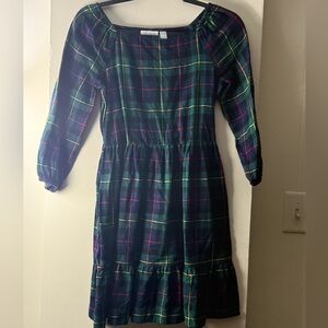 Place Plaid Tiered Long-Sleeve Dress in Green and Navy with Pink Accents